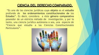 “Es una de las ciencias jurídicas cuyo objeto es el estudio
profundo de los ordenamientos constitucionales de los
Estados”. Es decir, considera a éste género comparativo
poseedor de un estricto método de investigación, y por lo
tanto, una ciencia jurídica autónoma o sea, una especie de
“Ciencia que estudia a las Ciencias Constitucionales
Particulares”.
41
CIENCIA DEL DERECHO COMPARADO.
 