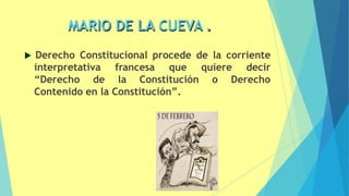 MARIO DE LA CUEVA .
 Derecho Constitucional procede de la corriente
interpretativa francesa que quiere decir
“Derecho de la Constitución o Derecho
Contenido en la Constitución”.
44
 