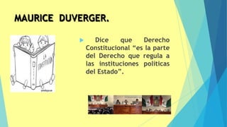 MAURICE DUVERGER.
 Dice que Derecho
Constitucional “es la parte
del Derecho que regula a
las instituciones políticas
del Estado”.
53
 