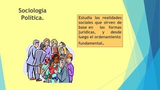 Sociología
Política. Estudia las realidades
sociales que sirven de
base en
jurídicas,
las formas
y desde
luego el ordenamiento
fundamental.
58
 