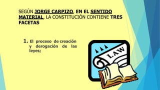 1. El proceso de creación
y derogación de las
leyes;
SEGÚN JORGE CARPIZO, EN EL SENTIDO
MATERIAL, LA CONSTITUCIÓN CONTIENE TRES
FACETAS
 