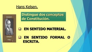 Hans Kelsen.
Distingue dos conceptos
de Constitución.
❑ EN SENTIDO MATERIAL.
❑ EN SENTIDO FORMAL O
ESCRITA.
 