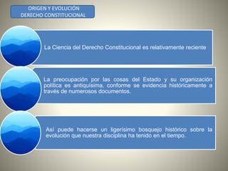 ORIGEN Y EVOLUCIÓN 
DERECHO CONSTITUCIONAL 
La Ciencia del Derecho Constitucional es relativamente reciente 
La preocupación por las cosas del Estado y su organización 
política es antiquísima, conforme se evidencia históricamente a 
través de numerosos documentos. 
Así puede hacerse un ligerísimo bosquejo histórico sobre la 
evolución que nuestra disciplina ha tenido en el tiempo. 
 