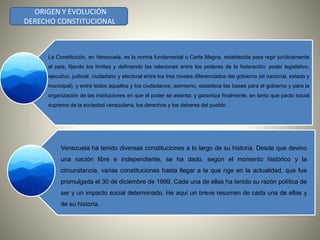 ORIGEN Y EVOLUCIÓN 
DERECHO CONSTITUCIONAL 
La Constitución, en Venezuela, es la norma fundamental o Carta Magna, establecida para regir jurídicamente 
al país, fijando los límites y definiendo las relaciones entre los poderes de la federación: poder legislativo, 
ejecutivo, judicial, ciudadano y electoral entre los tres niveles diferenciados del gobierno (el nacional, estada y 
municipal), y entre todos aquellos y los ciudadanos; asimismo, establece las bases para el gobierno y para la 
organización de las instituciones en que el poder se asienta; y garantiza finalmente, en tanto que pacto social 
supremo de la sociedad venezolana, los derechos y los deberes del pueblo. 
Venezuela ha tenido diversas constituciones a lo largo de su historia. Desde que devino 
una nación libre e independiente, se ha dado, según el momento histórico y la 
circunstancia, varias constituciones hasta llegar a la que rige en la actualidad, que fue 
promulgada el 30 de diciembre de 1999. Cada una de ellas ha tenido su razón política de 
ser y un impacto social determinado. He aquí un breve resumen de cada una de ellas y 
de su historia. 
 