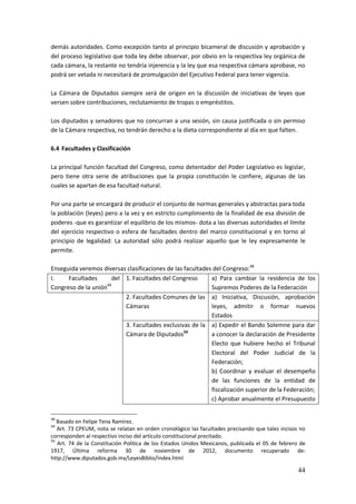 44
demás autoridades. Como excepción tanto al principio bicameral de discusión y aprobación y
del proceso legislativo que toda ley debe observar, por obvio en la respectiva ley orgánica de
cada cámara, la restante no tendría injerencia y la ley que esa respectiva cámara aprobase, no
podrá ser vetada ni necesitará de promulgación del Ejecutivo Federal para tener vigencia.
La Cámara de Diputados siempre será de origen en la discusión de iniciativas de leyes que
versen sobre contribuciones, reclutamiento de tropas o empréstitos.
Los diputados y senadores que no concurran a una sesión, sin causa justificada o sin permiso
de la Cámara respectiva, no tendrán derecho a la dieta correspondiente al día en que falten.
6.4 Facultades y Clasificación
La principal función facultad del Congreso, como detentador del Poder Legislativo es legislar,
pero tiene otra serie de atribuciones que la propia constitución le confiere, algunas de las
cuales se apartan de esa facultad natural.
Por una parte se encargará de producir el conjunto de normas generales y abstractas para toda
la población (leyes) pero a la vez y en estricto cumplimiento de la finalidad de esa división de
poderes -que es garantizar el equilibrio de los mismos- dota a las diversas autoridades el límite
del ejercicio respectivo o esfera de facultades dentro del marco constitucional y en torno al
principio de legalidad: La autoridad sólo podrá realizar aquello que le ley expresamente le
permite.
Enseguida veremos diversas clasificaciones de las facultades del Congreso:48
I. Facultades del
Congreso de la unión49
1. Facultades del Congreso a) Para cambiar la residencia de los
Supremos Poderes de la Federación
2. Facultades Comunes de las
Cámaras
a) Iniciativa, Discusión, aprobación
leyes, admitir o formar nuevos
Estados
3. Facultades exclusivas de la
Cámara de Diputados50
a) Expedir el Bando Solemne para dar
a conocer la declaración de Presidente
Electo que hubiere hecho el Tribunal
Electoral del Poder Judicial de la
Federación;
b) Coordinar y evaluar el desempeño
de las funciones de la entidad de
fiscalización superior de la Federación;
c) Aprobar anualmente el Presupuesto
48
Basado en Felipe Tena Ramírez.
49
Art. 73 CPEUM, nota se relatan en orden cronológico las facultades precisando que tales incisos no
corresponden al respectivo inciso del artículo constitucional precitado.
50
Art. 74 de la Constitución Política de los Estados Unidos Mexicanos, publicada el 05 de febrero de
1917, Última reforma 30 de noviembre de 2012, documento recuperado de:
http://www.diputados.gob.mx/LeyesBiblio/index.html
 