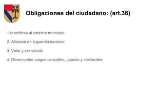 Obligaciones del ciudadano: (art.36)
1.Inscribirse al catastro municipal
2. Alistarse en a guardia nacional
3. Votar y ser votado
4. Desempeñar cargos concejiles, jurados y electorales
 