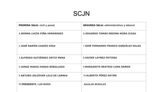 SCJN
PRIMERA SALA: civil y penal SEGUNDA SALA: administrativa y laboral
1.NORMA LUCÍA PIÑA HERNÁNDEZ 6.EDUARDO TOMÁS MEDINA MORA ICAZA
2.JOSÉ RAMÓN COSSÍO DÍAZ 7.JOSÉ FERNANDO FRANCO GONZÁLEZ SALAS
3.ALFREDO GUTIÉRREZ ORTIZ MENA 8.JAVIER LAYNEZ POTISEK
4.JORGE MARIO PARDO REBOLLEDO 9.MARGARITA BEATRIZ LUNA RAMOS
5.ARTURO ZALDÍVAR LELO DE LARREA 10.ALBERTO PÉREZ DAYÁN
11.PRESIDENTE: LUIS MARÍA AGUILAR MORALES
 