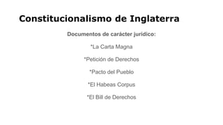Constitucionalismo de Inglaterra
Documentos de carácter jurídico:
*La Carta Magna
*Petición de Derechos
*Pacto del Pueblo
*El Habeas Corpus
*El Bill de Derechos
 