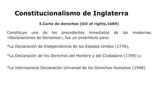 Constitucionalismo de Inglaterra
5.Carta de derechos (bill of rights,1689)
Constituye uno de los precedentes inmediatos de las modernas
«Declaraciones de Derechos», fue un preámbulo para:
*La Declaración de Independencia de los Estados Unidos (1776),
*La Declaración de los Derechos del Hombre y del Ciudadano (1789) y;
*La internacional Declaración Universal de los Derechos Humanos (1948).
 