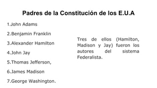 Padres de la Constitución de los E.U.A
1.John Adams
2.Benjamin Franklin
3.Alexander Hamilton
4.John Jay
5.Thomas Jefferson,
6.James Madison
7.George Washington.
Tres de ellos (Hamilton,
Madison y Jay) fueron los
autores del sistema
Federalista.
 