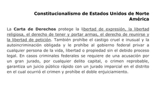 Constitucionalismo de Estados Unidos de Norte
América
La Carta de Derechos protege la libertad de expresión, la libertad
religiosa, el derecho de tener y portar armas, el derecho de reunirse y
la libertad de petición. También prohíbe el castigo cruel e inusual y la
autoincriminación obligada y le prohíbe al gobierno federal privar a
cualquier persona de la vida, libertad o propiedad sin el debido proceso
legal. En casos criminales federales se requiere de una acusación por
un gran jurado, por cualquier delito capital, o crimen reprobable,
garantiza un juicio público rápido con un jurado imparcial en el distrito
en el cual ocurrió el crimen y prohíbe el doble enjuiciamiento.
 