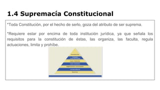 1.4 Supremacía Constitucional
*Toda Constitución, por el hecho de serlo, goza del atributo de ser suprema.
*Requiere estar por encima de toda institución jurídica, ya que señala los
requisitos para la constitución de éstas, las organiza, las faculta, regula
actuaciones, limita y prohíbe.
 