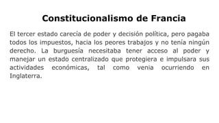 Constitucionalismo de Francia
Surge la Declaración de los derechos del hombre y el del ciudadano de 1789,
inspirada en la ...