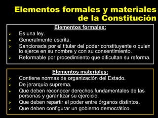 Elementos formales y materiales
de la Constitución
Elementos formales:
 Es una ley.
 Generalmente escrita.
 Sancionada ...