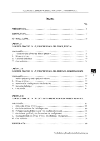 3
VOLUMEN 1: EL DERECHO AL DEBIDO PROCESO EN LA JURISPRUDENCIA
Fondo Editorial Academia de la Magistratura
ÍNDICE
	Pág.
PRESENTACIÓN  . . . . . . . . . . . . . . . . . . . . . . . . . . . . . . . . . . . . . . . . . . . . . . . . . . . . . . . . . . . . . . .  5
INTRODUCCIÓN . . . . . . . . . . . . . . . . . . . . . . . . . . . . . . . . . . . . . . . . . . . . . . . . . . . . . . . . . . . . . . . . 7
NOTA DEL AUTOR . . . . . . . . . . . . . . . . . . . . . . . . . . . . . . . . . . . . . . . . . . . . . . . . . . . . . . . . . . . .  10
CAPÍTULO I
EL DEBIDO PROCESO EN LA JURISPRUDENCIA DEL PODER JUDICIAL
Introducción . . . . . . . . . . . . . . . . . . . . . . . . . . . . . . . . . . . . . . . . . . . . . . . . . . . . . . . . . . . . . . . . . . 13
I.	 Tutela Procesal Efectiva y debido proceso . . . . . . . . . . . . . . . . . . . . . . . . . . . . . . . . . . . . 15
II.	 Debido proceso . . . . . . . . . . . . . . . . . . . . . . . . . . . . . . . . . . . . . . . . . . . . . . . . . . . . . . . . . . . 16
III.	 Garantías judiciales . . . . . . . . . . . . . . . . . . . . . . . . . . . . . . . . . . . . . . . . . . . . . . . . . . . . . . . . 49
IV.	 Conclusiones . . . . . . . . . . . . . . . . . . . . . . . . . . . . . . . . . . . . . . . . . . . . . . . . . . . . . . . . . . . . . 54
CAPÍTULO II
EL DEBIDO PROCESO EN LA JURISPRUDENCIA DEL TRIBUNAL CONSTITUCIONAL
Introducción . . . . . . . . . . . . . . . . . . . . . . . . . . . . . . . . . . . . . . . . . . . . . . . . . . . . . . . . . . . . . . . . . . 57
I.	 Debido proceso y tutela procesal efectiva . . . . . . . . . . . . . . . . . . . . . . . . . . . . . . . . . . . . 58
II.	 Debido proceso . . . . . . . . . . . . . . . . . . . . . . . . . . . . . . . . . . . . . . . . . . . . . . . . . . . . . . . . . . . 59
III.	 Derecho a la Tutela Jurisdiccional Efectiva . . . . . . . . . . . . . . . . . . . . . . . . . . . . . . . . . . . 90
IV.	 Garantías Judiciales . . . . . . . . . . . . . . . . . . . . . . . . . . . . . . . . . . . . . . . . . . . . . . . . . . . . . . . . 94
V.	 Conclusión  . . . . . . . . . . . . . . . . . . . . . . . . . . . . . . . . . . . . . . . . . . . . . . . . . . . . . . . . . . . . . .  102
CAPÍTULO III
EL DEBIDO PROCESO EN LA CORTE INTERAMERICANA DE DERECHOS HUMANOS
Introducción . . . . . . . . . . . . . . . . . . . . . . . . . . . . . . . . . . . . . . . . . . . . . . . . . . . . . . . . . . . . . . . . .  103
I.	 Noción de debido proceso . . . . . . . . . . . . . . . . . . . . . . . . . . . . . . . . . . . . . . . . . . . . . . . . .  105
II.	 Garantías mínimas del debido proceso . . . . . . . . . . . . . . . . . . . . . . . . . . . . . . . . . . . . . . . 109
III.	 Protección del debido proceso y los sujetos del proceso . . . . . . . . . . . . . . . . . . . . . . . . 138
IV.	 Garantía de igualdad y no discriminación en el proceso . . . . . . . . . . . . . . . . . . . . . . . . 144
V.	 Inderogabilidad del debido proceso en estados de emergencia . . . . . . . . . . . . . . . . . . 153
VI.	 Conclusiones . . . . . . . . . . . . . . . . . . . . . . . . . . . . . . . . . . . . . . . . . . . . . . . . . . . . . . . . . . . . . 158
Bibliografía . . . . . . . . . . . . . . . . . . . . . . . . . . . . . . . . . . . . . . . . . . . . . . . . . . . . . . . . . . . . . . . . 160
 