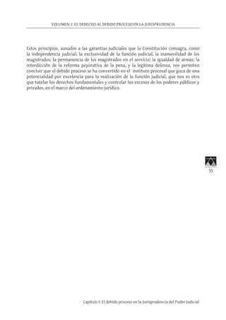 55
VOLUMEN 1: EL DERECHO AL DEBIDO PROCESO EN LA JURISPRUDENCIA
Capítulo I: El debido proceso en la Jurisprudencia del Poder Judicial
Estos principios, aunados a las garantías judiciales que la Constitución consagra, como
la independencia judicial; la exclusividad de la función judicial; la inamovilidad de los
magistrados; la permanencia de los magistrados en el servicio; la igualdad de armas; la
interdicción de la reforma peyorativa de la pena, y la legítima defensa, nos permiten
concluir que el debido proceso se ha convertido en el instituto procesal que goza de una
potencialidad por excelencia para la realización de la función judicial, que nos es otra
que tutelar los derechos fundamentales y controlar los excesos de los poderes públicos y
privados, en el marco del ordenamiento jurídico.
 