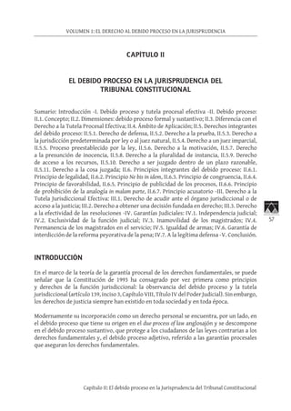 57
VOLUMEN 1: EL DERECHO AL DEBIDO PROCESO EN LA JURISPRUDENCIA
Capítulo II: El debido proceso en la Jurisprudencia del Tribunal Constitucional
CAPÍTULO II
EL DEBIDO PROCESO EN LA JURISPRUDENCIA DEL
TRIBUNAL CONSTITUCIONAL
Sumario: Introducción -I. Debido proceso y tutela procesal efectiva -II. Debido proceso:
II.1. Concepto; II.2. Dimensiones: debido proceso formal y sustantivo; II.3. Diferencia con el
Derecho a la Tutela Procesal Efectiva; II.4. Ámbito de Aplicación; II.5. Derechos integrantes
del debido proceso: II.5.1. Derecho de defensa, II.5.2. Derecho a la prueba, II.5.3. Derecho a
la jurisdicción predeterminada por ley o al juez natural, II.5.4. Derecho a un juez imparcial,
II.5.5. Proceso preestablecido por la ley, II.5.6. Derecho a la motivación, II.5.7. Derecho
a la presunción de inocencia, II.5.8. Derecho a la pluralidad de instancia, II.5.9. Derecho
de acceso a los recursos, II.5.10. Derecho a ser juzgado dentro de un plazo razonable,
II.5.11. Derecho a la cosa juzgada; II.6. Principios integrantes del debido proceso: II.6.1.
Principio de legalidad, II.6.2. Principio Ne bis in idem, II.6.3. Principio de congruencia, II.6.4.
Principio de favorabilidad, II.6.5. Principio de publicidad de los procesos, II.6.6. Principio
de prohibición de la analogía in malam parte, II.6.7. Principio acusatorio -III. Derecho a la
Tutela Jurisdiccional Efectiva: III.1. Derecho de acudir ante el órgano jurisdiccional o de
acceso a la justicia; III.2. Derecho a obtener una decisión fundada en derecho; III.3. Derecho
a la efectividad de las resoluciones -IV. Garantías Judiciales: IV.1. Independencia judicial;
IV.2. Exclusividad de la función judicial; IV.3. Inamovilidad de los magistrados; IV.4.
Permanencia de los magistrados en el servicio; IV.5. Igualdad de armas; IV.6. Garantía de
interdicción de la reforma peyorativa de la pena; IV.7. A la legítima defensa -V. Conclusión.
INTRODUCCIÓN
En el marco de la teoría de la garantía procesal de los derechos fundamentales, se puede
señalar que la Constitución de 1993 ha consagrado por vez primera como principios
y derechos de la función jurisdiccional: la observancia del debido proceso y la tutela
jurisdiccional(artículo139, inciso 3, CapítuloVIII,TítuloIVdel PoderJudicial).Sinembargo,
los derechos de justicia siempre han existido en toda sociedad y en toda época.
Modernamente su incorporación como un derecho personal se encuentra, por un lado, en
el debido proceso que tiene su origen en el due process of law anglosajón y se descompone
en el debido proceso sustantivo, que protege a los ciudadanos de las leyes contrarias a los
derechos fundamentales y, el debido proceso adjetivo, referido a las garantías procesales
que aseguran los derechos fundamentales.
 