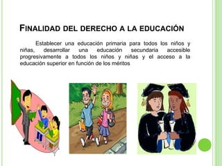 FINALIDAD DEL DERECHO A LA EDUCACIÓN
Establecer una educación primaria para todos los niños y
niñas, desarrollar una educación secundaria accesible
progresivamente a todos los niños y niñas y el acceso a la
educación superior en función de los méritos
 