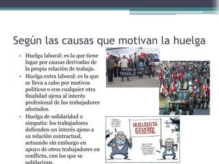 Según las causas que motivan la huelga
• Huelga laboral: es la que tiene
lugar por causas derivadas de
la propia relación de trabajo.
• Huelga extra laboral: es la que
se lleva a cabo por motivos
políticos o con cualquier otra
finalidad ajena al interés
profesional de los trabajadores
afectados.
• Huelga de solidaridad o
simpatía: los trabajadores
defienden un interés ajeno a
su relación contractual,
actuando sin embargo en
apoyo de otros trabajadores en
conflicto, con los que se
 