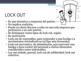 LOCK OUT
• Es una iniciativa o respuesta del patrón.
• No implica coalición.
• Puede en efecto llevarse a cabo en una sola empresa que
pertenezca a un solo patrón.
• Se distinguen varios tipos de lock out, según:
• Su motivación
• Lock out de represalias, para responder a una huelga o a
movimientos reivindicativos (el tipo más frecuente).
• Lock out preventivo, de intimidación, para prevenir una
huelga o para excluir del personal a ciertos elementos
considerados como indeseables.
• Los out aislado, parcial, lock out de solidaridad, lock out
colectivo.
 