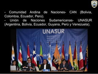 - Comunidad Andina de Naciones- CAN (Bolivia,
Colombia, Ecuador, Perú).
- Unión de Naciones Sudamericanas- UNASUR
(Argentina, Bolivia, Ecuador, Guyana, Perú y Venezuela).
 