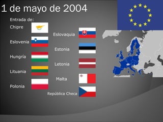 1 de mayo de 2004
 Entrada de:
 Chipre
                 Eslovaquia
 Eslovenia
                  Estonia
 Hungría
                  Letonia
 Lituania
                   Malta
 Polonia
               República Checa
 