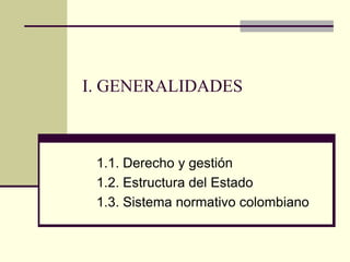 I. GENERALIDADES



 1.1. Derecho y gestión
 1.2. Estructura del Estado
 1.3. Sistema normativo colombiano
 
