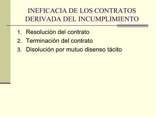 INEFICACIA DE LOS CONTRATOS
  DERIVADA DEL INCUMPLIMIENTO
1. Resolución del contrato
2. Terminación del contrato
3. Disolución por mutuo disenso tácito
 