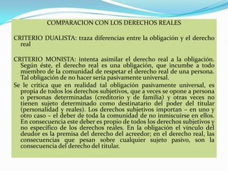 COMPARACION CON LOS DERECHOS REALES

CRITERIO DUALISTA: traza diferencias entre la obligación y el derecho
  real

CRITERIO MONISTA: intenta asimilar el derecho real a la obligación.
  Según éste, el derecho real es una obligación, que incumbe a todo
  miembro de la comunidad de respetar el derecho real de una persona.
  Tal obligación de no hacer sería pasivamente universal.
Se le critica que en realidad tal obligación pasivamente universal, es
  propia de todos los derechos subjetivos, que a veces se opone a persona
  o personas determinadas (creditorio y de familia) y otras veces no
  tienen sujeto determinado como destinatario del poder del titular
  (personalidad y reales). Los derechos subjetivos importan – en uno y
  otro caso – el deber de toda la comunidad de no inmiscuirse en ellos.
  En consecuencia este deber es propio de todos los derechos subjetivos y
  no específico de los derechos reales. En la obligación el vínculo del
  deudor es la premisa del derecho del acreedor; en el derecho real, las
  consecuencias que pesan sobre cualquier sujeto pasivo, son la
  consecuencia del derecho del titular.
 