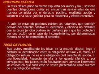DOCTRINA CLÁSICA
La tesis clásica principalmente expuesta por Aubry y Rau, sostiene
que las obligaciones civiles se encuentran sancionadas de una
manera completa por el derecho positivo, mediante acción y
suponen una causa jurídica para su existencia y efecto coercitivo.
A lado de estas obligaciones existen las naturales, que también
derivan del derecho positivo su existencia y eficiacia no obstante
que su causa jurídica pudiera ser bastante para que las protegiera
por una acción en el caso de incumplimiento, por determinadas
razones no se ha concedido al acreedor.
TESIS DE PLANIOL
Este autor, modificando las ideas de la escuela clásica, llega a
postular la identificación entre la obligación natural y la moral. La
obligación natural no es una obligación civil carente de acción, ni
una liberalidad. Respecto de ella la ley guarda silencio y, por
consiguiente, los jueces están facultados para apreciar libremente
las causas en que cada caso se vayan presentando como fuentes
de una obligación natural.
 