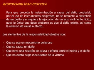 RESPONSABILIDAD OBJETIVA
Para que proceda la indemnización a causa del daño producido
por el uso de instrumentos peligrosos, no se requiere la existencia
de un delito y ni siquiera la ejecución de un acto civilmente ilícito,
pues lo único que debe probarse es que el daño existe, así como
la relación de causa a efecto.
Los elementos de la responsabilidad objetiva son:
 Que se use un mecanismo peligroso
 Que se cause un daño
 Que haya una relación de causa a efecto entre el hecho y el daño
 Que no exista culpa inexcusable de la víctima
 