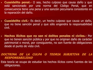 • Cuasidelito penal.- O sea, hecho culposo que causa daño y que
está sancionado por una norma del Código Penal, que en
consecuencia tiene una pena y una sanción pecuniaria consistente en
la reparación del daño.
• Cuasidelito civil.- Es decir, un hecho culposo que causa un daño,
que no tiene sanción penal y que sólo engendra la responsabilidad
civil.
• Hechos ilícitos que no son ni delitos penales ni civiles.- Por
que no tienen sanción pública y por que no originan daño de carácter
patrimonial o moral, por consiguiente, no son fuente de obligaciones
desde el punto de vista civil.
DOCTRINA DE LA CULPA O TEORIA SUBJETIVA DE LA
RESPONSABILIDAD
Esta teoría se ocupa de estudiar los hechos ilícitos como fuentes de las
obligaciones.
 