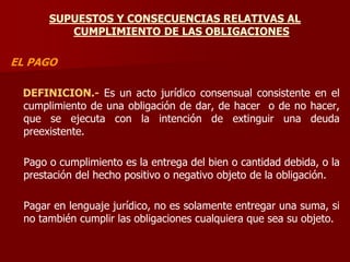 SUPUESTOS Y CONSECUENCIAS RELATIVAS AL
CUMPLIMIENTO DE LAS OBLIGACIONES
EL PAGO
DEFINICION.- Es un acto jurídico consensual consistente en el
cumplimiento de una obligación de dar, de hacer o de no hacer,
que se ejecuta con la intención de extinguir una deuda
preexistente.
Pago o cumplimiento es la entrega del bien o cantidad debida, o la
prestación del hecho positivo o negativo objeto de la obligación.
Pagar en lenguaje jurídico, no es solamente entregar una suma, si
no también cumplir las obligaciones cualquiera que sea su objeto.
 