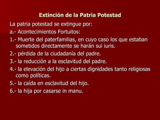 Extinción de la Patria Potestad La patria potestad se extingue por: a.- Acontecimientos Fortuitos: 1.- Muerte del paterfamilias, en cuyo caso los que estaban sometidos directamente se harán sui iuris. 2.- pérdida de la ciudadanía del padre. 3.- la reducción a la esclavitud del padre. 4.- la elevación del hijo a ciertas dignidades tanto religiosas como políticas. 5.- la caída en esclavitud del hijo. 6.- la hija por casarse in manu. 