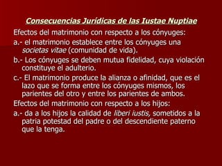 Consecuencias Jurídicas de las Iustae Nuptiae Efectos del matrimonio con respecto a los cónyuges: a.- el matrimonio establece entre los cónyuges una  societas vitae  (comunidad de vida). b.- Los cónyuges se deben mutua fidelidad, cuya violación constituye el adulterio. c.- El matrimonio produce la alianza o afinidad, que es el lazo que se forma entre los cónyuges mismos, los parientes del otro y entre los parientes de ambos. Efectos del matrimonio con respecto a los hijos: a.- da a los hijos la calidad de  liberi iustis,  sometidos a la patria potestad del padre o del descendiente paterno que la tenga. 