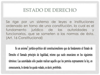 ESTADO DE DERECHO 
Se rige por un sistema de leyes e instituciones 
ordenado en torno de una constitución, la cual es el 
fundamento jurídico de las autoridades y 
funcionarios, que se someten a las normas de ésta. 
(Art. 16 Constitucional) 
 