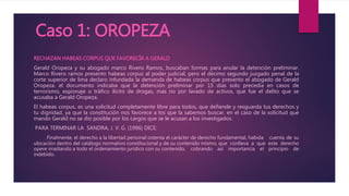Caso 1: OROPEZA
RECHAZAN HABEAS CORPUS QUE FAVORECÍA A GERALD
Gerald Oropeza y su abogado marco Rivero Ramos, buscaban formas para anular la detención preliminar.
Marco Rivero ramos presento habeas corpus al poder judicial, pero el décimo segundo juzgado penal de la
corte superior de lima declaro infundada la demanda de habeas corpus que presento el abogado de Gerald
Oropeza. el documento indicaba que la detención preliminar por 15 días solo precedía en casos de
terrorismo, espionaje o tráfico ilícito de drogas, mas no por lavado de activos, que fue el delito que se
acusaba a Gerald Oropeza.
El habeas corpus, es una solicitud completamente libre para todos, que defiende y resguarda tus derechos y
tu dignidad, ya que la constitución nos favorece a los que la sabemos buscar. en el caso de la solicitud que
mando Gerald no se dio posible por los cargos que se le acusan a los investigados.
PARA TERMINAR LA SANDRA, J. V. G. (1996) DICE:
Finalmente, el derecho a la libertad personal ostenta el carácter de derecho fundamental, habida cuenta de su
ubicación dentro del catálogo normativo constitucional y de su contenido mismo, que conlleva a que este derecho
opere irradiando a todo el ordenamiento jurídico con su contenido, cobrando así importancia el principio de
indebido.
 