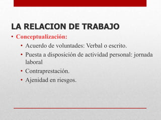 LA RELACION DE TRABAJO
• Conceptualización:
• Acuerdo de voluntades: Verbal o escrito.
• Puesta a disposición de actividad personal: jornada
laboral
• Contraprestación.
• Ajenidad en riesgos.
 