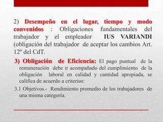 2) Desempeño en el lugar, tiempo y modo
convenidos : Obligaciones fundamentales del
trabajador y el empleador IUS VARIANDI
(obligación del trabajador de aceptar los cambios Art.
12º del CdT.
3) Obligación de Eficiencia: El pago puntual de la
remuneración debe ir acompañado del cumplimiento de la
obligación laboral en calidad y cantidad apropiada, se
califica de acuerdo a criterios:
3.1 Objetivos.- Rendimiento promedio de los trabajadores de
una misma categoría.
 