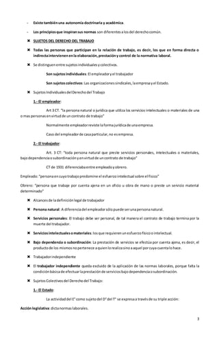 3
- Existe tambiénuna autonomía doctrinaria y académica.
- Los principiosque inspiransus normas son diferentesalosdel derechocomún.
 SUJETOS DEL DERECHO DEL TRABAJO
 Todas las personas que participan en la relación de trabajo, es decir, los que en forma directa o
indirectaintervienenenla elaboración,prestacióny control de la normativa laboral.
 Se distinguenentre sujetosindividualesycolectivos.
Son sujetosindividuales:El empleadoryel trabajador
Son sujetoscolectivos:Las organizacionessindicales,laempresayel Estado.
 SujetosIndividualesdelDerechodel Trabajo
1.- El empleador:
Art 3 CT. “la persona natural o jurídica que utiliza los servicios intelectuales o materiales de una
o mas personasenvirtudde uncontrato de trabajo”
Normalmente empleadorreviste laformajurídicade unaempresa.
Caso del empleadorde casaparticular,no esempresa.
2.- El trabajador:
Art. 3 CT: “toda persona natural que preste servicios personales, intelectuales o materiales,
bajodependenciaosubordinaciónyenvirtudde uncontrato de trabajo”
CT de 1931 diferenciabaentre empleadoyobrero.
Empleado:“personaencuyotrabajopredomine el esfuerzointelectual sobre el físico”
Obrero: “persona que trabaje por cuenta ajena en un oficio u obra de mano o preste un servicio material
determinado”
 Alcancesde ladefiniciónlegal de trabajador
 Persona natural: A diferenciadel empleadorsólopuede serunapersonanatural.
 Servicios personales: El trabajo debe ser personal, de tal manera el contrato de trabajo termina por la
muerte del trabajador.
 Serviciosintelectualesomateriales:losque requierenunesfuerzofísicoointelectual.
 Bajo dependencia o subordinación: La prestación de servicios se efectúa por cuenta ajena, es decir, el
productode los mismosnopertenece aquienlorealizasinoaaquel porcuya cuentalohace.
 Trabajadorindependiente
 El trabajador independiente queda excluido de la aplicación de las normas laborales, porque falta la
condiciónbásicade efectuarlaprestaciónde serviciosbajodependenciaosubordinación.
 SujetosColectivosdel Derechodel Trabajo:
1.- El Estado:
La actividaddel E°como sujetodel D°del T° se expresaa travésde su triple acción:
Acción legislativa:dictanormaslaborales.
 