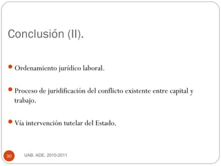 Conclusión (II).
UAB. ADE. 2010-201130
Ordenamiento jurídico laboral.
Proceso de juridificación del conflicto existente ...