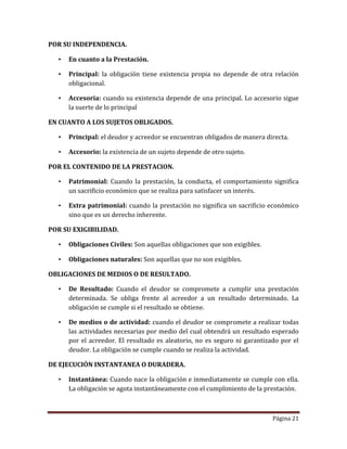Página 21
POR SU INDEPENDENCIA.
• En cuanto a la Prestación.
• Principal: la obligación tiene existencia propia no depende de otra relación
obligacional.
• Accesoria: cuando su existencia depende de una principal. Lo accesorio sigue
la suerte de lo principal
EN CUANTO A LOS SUJETOS OBLIGADOS.
• Principal: el deudor y acreedor se encuentran obligados de manera directa.
• Accesorio: la existencia de un sujeto depende de otro sujeto.
POR EL CONTENIDO DE LA PRESTACION.
• Patrimonial: Cuando la prestación, la conducta, el comportamiento significa
un sacrificio económico que se realiza para satisfacer un interés.
• Extra patrimonial: cuando la prestación no significa un sacrificio económico
sino que es un derecho inherente.
POR SU EXIGIBILIDAD.
• Obligaciones Civiles: Son aquellas obligaciones que son exigibles.
• Obligaciones naturales: Son aquellas que no son exigibles.
OBLIGACIONES DE MEDIOS O DE RESULTADO.
• De Resultado: Cuando el deudor se compromete a cumplir una prestación
determinada. Se obliga frente al acreedor a un resultado determinado. La
obligación se cumple si el resultado se obtiene.
• De medios o de actividad: cuando el deudor se compromete a realizar todas
las actividades necesarias por medio del cual obtendrá un resultado esperado
por el acreedor. El resultado es aleatorio, no es seguro ni garantizado por el
deudor. La obligación se cumple cuando se realiza la actividad.
DE EJECUCIÓN INSTANTANEA O DURADERA.
• Instantánea: Cuando nace la obligación e inmediatamente se cumple con ella.
La obligación se agota instantáneamente con el cumplimiento de la prestación.
 