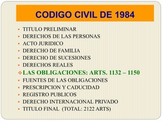 CODIGO CIVIL DE 1984
 TITULO PRELIMINAR
 DERECHOS DE LAS PERSONAS
 ACTO JURIDICO
 DERECHO DE FAMILIA
 DERECHO DE SUCESIONES
 DERECHOS REALES
LAS OBLIGACIONES: ARTS. 1132 – 1150
 FUENTES DE LAS OBLIGACIONES
 PRESCRIPCION Y CADUCIDAD
 REGISTRO PUBLICOS
 DERECHO INTERNACIONAL PRIVADO
 TITULO FINAL (TOTAL: 2122 ARTS)
 