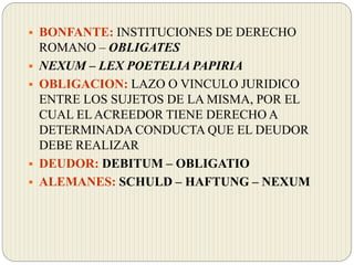  BONFANTE: INSTITUCIONES DE DERECHO
ROMANO – OBLIGATES
 NEXUM – LEX POETELIA PAPIRIA
 OBLIGACION: LAZO O VINCULO JURIDICO
ENTRE LOS SUJETOS DE LA MISMA, POR EL
CUAL EL ACREEDOR TIENE DERECHO A
DETERMINADA CONDUCTA QUE EL DEUDOR
DEBE REALIZAR
 DEUDOR: DEBITUM – OBLIGATIO
 ALEMANES: SCHULD – HAFTUNG – NEXUM
 
