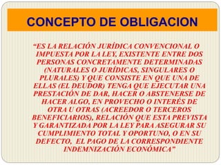 CONCEPTO DE OBLIGACION
“ES LA RELACIÓN JURÍDICA CONVENCIONAL O
IMPUESTA POR LA LEY, EXISTENTE ENTRE DOS
PERSONAS CONCRETAMENTE DETERMINADAS
(NATURALES O JURÍDICAS, SINGULARES O
PLURALES) Y QUE CONSISTE EN QUE UNA DE
ELLAS (EL DEUDOR) TENGA QUE EJECUTAR UNA
PRESTACIÓN DE DAR, HACER O ABSTENERSE DE
HACER ALGO, EN PROVECHO O INTERÉS DE
OTRA U OTRAS (ACREEDOR O TERCEROS
BENEFICIARIOS), RELACIÓN QUE ESTA PREVISTA
Y GARANTIZADA POR LA LEY PARA ASEGURAR SU
CUMPLIMIENTO TOTAL Y OPORTUNO, O EN SU
DEFECTO, EL PAGO DE LA CORRESPONDIENTE
INDEMNIZACIÓN ECONÓMICA”
 