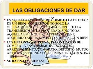 LAS OBLIGACIONES DE DAR
• ES AQUELLA QUE TIENE POR OBJETO LA ENTREGA
DE UN BIEN,. COMPRENDE NO SOLO LA
OBLIGACION QUE TIENE COMO PROPOSITO LA
TRANSMISION DE LA PROPIEDAD, SINO TODA
AQUELLA EN LA QUE EL ACREEDOR TIENE
ADQUIRIDO ALGUN DERECHO SOBRE ALGUN BIEN.
• LOS ENCONTRAMOS EN LOS CONTRATOS DE:
COMPRA – VENTA, PERMUTA, DONACION,
ARRENDAMIENTO, COMODATO, DEPOSITO, MUTUO,
ANTICRECIS, PRENDA O EL SUMINISTRO (ARTS. 1529
– 1814)
• SE DA EN LOS BIENES:
 