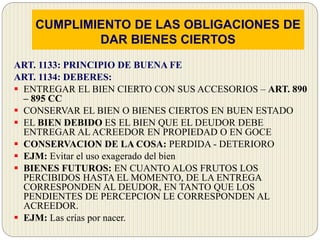 CUMPLIMIENTO DE LAS OBLIGACIONES DE
DAR BIENES CIERTOS
ART. 1133: PRINCIPIO DE BUENA FE
ART. 1134: DEBERES:
 ENTREGAR EL BIEN CIERTO CON SUS ACCESORIOS – ART. 890
– 895 CC
 CONSERVAR EL BIEN O BIENES CIERTOS EN BUEN ESTADO
 EL BIEN DEBIDO ES EL BIEN QUE EL DEUDOR DEBE
ENTREGAR AL ACREEDOR EN PROPIEDAD O EN GOCE
 CONSERVACION DE LA COSA: PERDIDA - DETERIORO
 EJM: Evitar el uso exagerado del bien
 BIENES FUTUROS: EN CUANTO ALOS FRUTOS LOS
PERCIBIDOS HASTA EL MOMENTO, DE LA ENTREGA
CORRESPONDEN AL DEUDOR, EN TANTO QUE LOS
PENDIENTES DE PERCEPCION LE CORRESPONDEN AL
ACREEDOR.
 EJM: Las crías por nacer.
 
