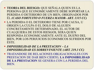  TEORIA DEL RIESGO: QUE SEÑALA QUIEN ES LA
PERSONA QUE ECONOMICAMENTE DEBE SOPORTAR LA
PERDIDA O DETERIORO DE UN BIEN, ORIGINADOS POR
ÉL (CASO FORTUITO O FUERZA MAYOR- ART. 1315 CC)
 LA PERDIDA O EL DETERIORO TIENE POR CAUSA, U
ORIGEN LA CULPA O EL DOLO DE ALGUIEN
CONCRETAMENTE DETERMINADO, EL AUTOR DE
CUALQUIERA DE ESTOS RIESGOS, SERA QUIEN
RESPONDA ECONOMICAMENTE ANTE EL DUEÑO DEL
BIEN, POR LOS PERJUICIOS ECONOMICOS SUFRIDOS POR
ÉSTE.
 IMPOSIBILIDAD DE LA PRESTACION – LA
IMPOSIBILIDAD ES SOBREVINIENTE (ART. 219.3 CC)
 TRATANDOSE DE RELACIONES OBLIGACIONALES CON
PRESTACION DE DAR BIEN CIERTO, LA IMPOSIBILIDAD
DE LA PRESTACION SE GENERA CON LA PERDIDA DEL
BIEN.
 