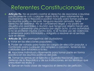 Referentes ConstitucionalesArtículo 9o. No se podrá coartar el derecho de asociarse o reunirse pacíficamente con cualquier objeto lícito; pero solamente los ciudadanos de la República podrán hacerlo para tomar parte en los asuntos políticos del país. Ninguna reunión armada, tiene derecho de deliberar. No se considerará ilegal, y no podrá ser disuelta una asamblea o reunión que tenga por objeto hacer una petición o presentar una protesta por algún acto, a una autoridad, si no se profieren injurias contra ésta, ni se hiciere uso de violencias o amenazas para intimidarla u obligarla a resolver en el sentido que se desee. Artículo 35. Son prerrogativas del ciudadano: 	I. Votar en las elecciones populares; 	II. Poder ser votado para todos los cargos de elección popular, y nombrado para cualquier otro empleo o comisión, teniendo las calidades que establezca la ley;	III. Asociarse individual y libremente para tomar parte en forma pacífica en los asuntos políticos del país;	IV. Tomar las armas en el Ejército o Guardia Nacional, para la defensa de la República y de sus Instituciones, en los términos que prescriben las leyes; y	V. Ejercer en toda clase de negocios el derecho de petición.