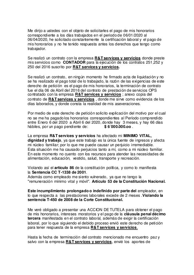 Derecho de petición para reclamar el pago de salarios 